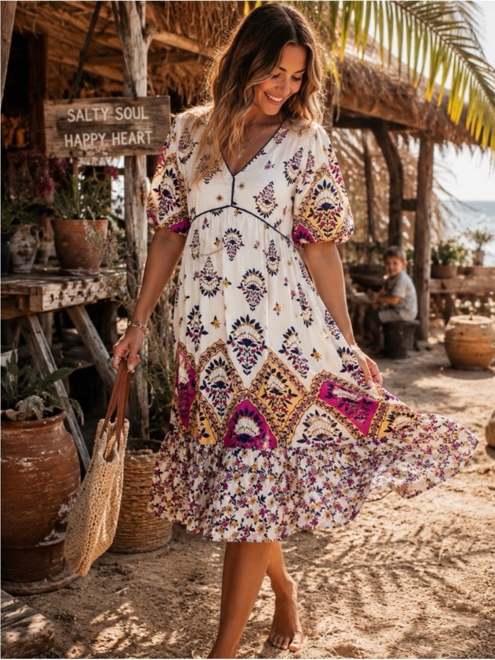 Fig & Flower NWT size Small Pippa Midi Dress Linen Blend Boho Puff Sleeves - Picture 12 of 12